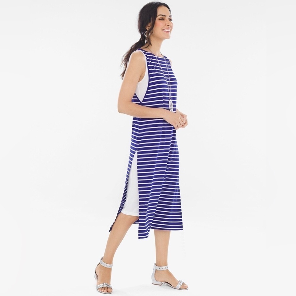 Chicos Striped Double Layer Midi Dress Size 3 Nautical Blue White Beachy Summer